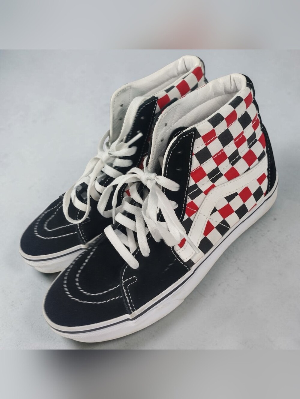 VANS Men's Sz 7 Women's 8.5 Black White Red Checkerboard Canvas High Top Sneaker